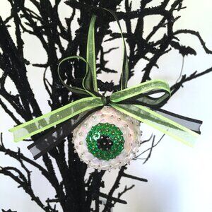 Christmas Eyeball Ornament Glam Sparkle Sequin Beaded Halloween OOAK Green